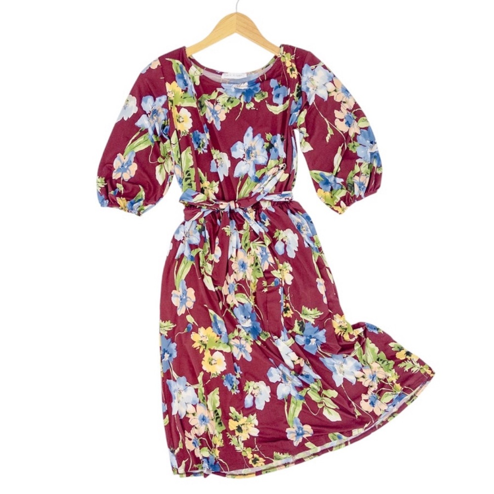 Floral Burgundy Dress with Belt